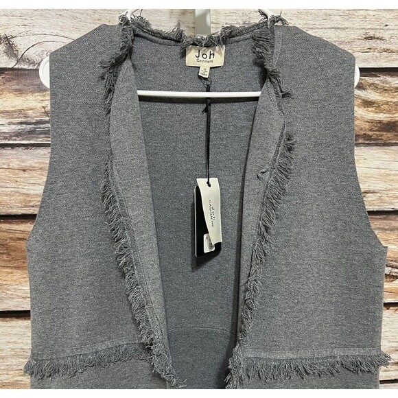 Joh Cashmere Grey Vest Cardigan Sweater With Fringe Trim Warm Medium New - Picture 2 of 10